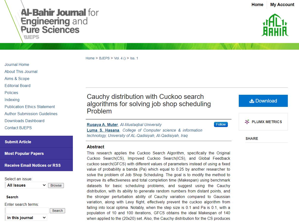 تدريسية في قسم هندسة تقنيات البناء والانشاءات تنشر بحث بعنوان(Cauchy distribution with Cuckoo search algorithms for solving job shop scheduling Problem)