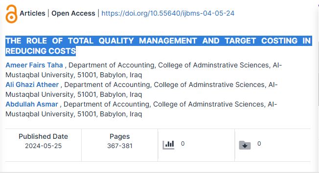 نشر بحث بعنوان THE ROLE OF TOTAL QUALITY MANAGEMENT AND TARGET COSTING IN REDUCING COSنشر بحث بعنولن THE ROLE OF TOTAL QUALITY MANAGEMENT TS