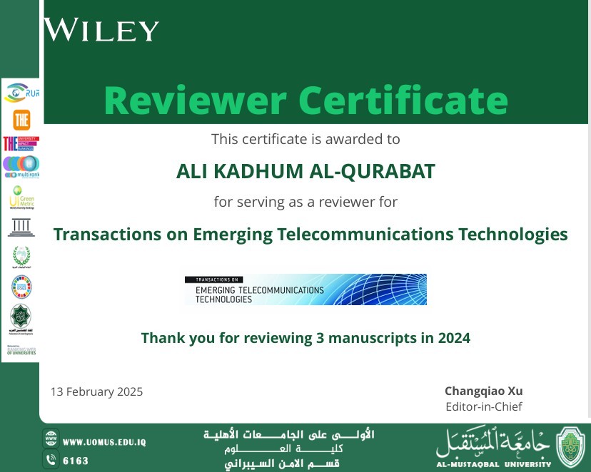 Certificate of Appreciation  This certificate is awarded to Assistant Professor Dr. Ali Kadhum M. Al-Gharabi