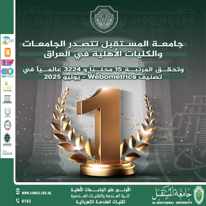 جامعة المستقبل تتصدر الجامعات والكليات الأهلية في العراق وتحقق المركز 15 محلياً و3224 عالمياً ضمن تصنيف Webometrics العالمي – يوليو 2025