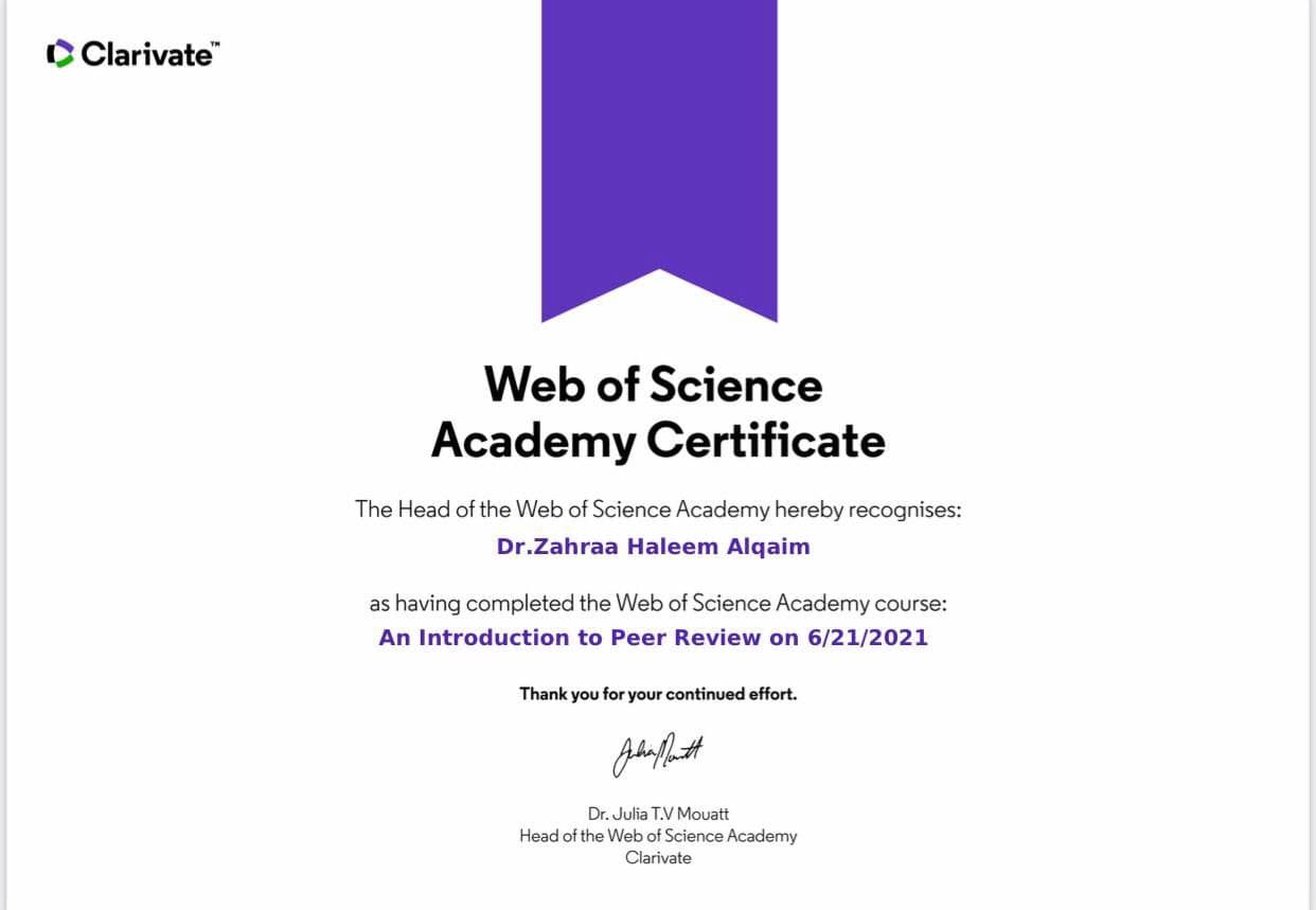 حصول التدريسية في قسم تقنيات المختبرات الطبية الدكتورة زهراء القيم على عضوية اتحاد الجامعات الدولية 