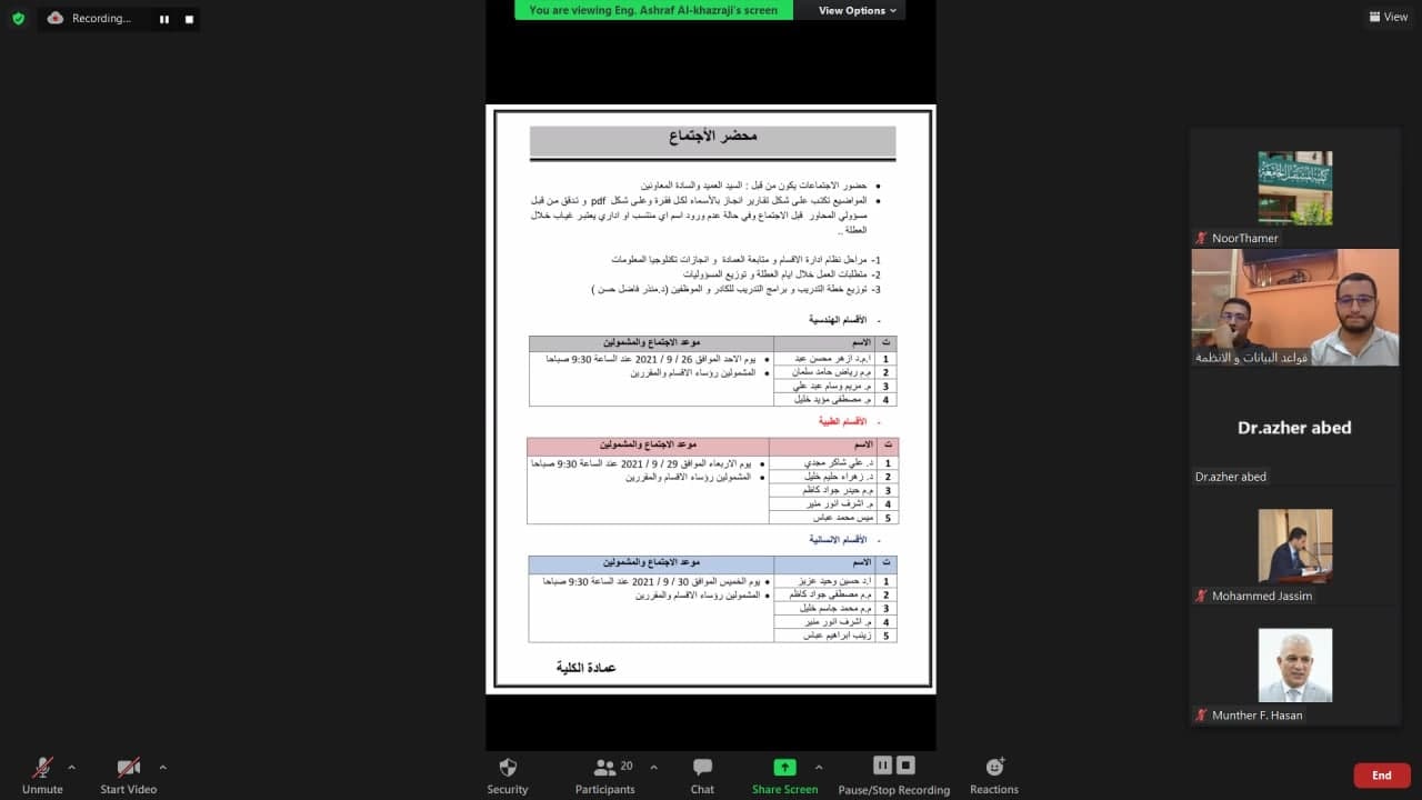 عميد كلية المستقبل الجامعة يترأس اجتماعا الكترونيا مع مسؤولي  وحدة تكنولوجيا المعلومات والتعليم الالكتروني لمناقشة الية البرامج والانظمة المقررة خلال العام الدراسي الجديد